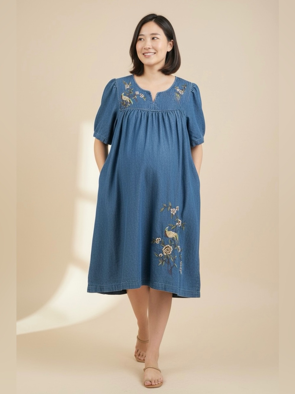 Bechamel Embroidered Denim Babydoll Dress Floral Bird Cottagecore Pockets Large